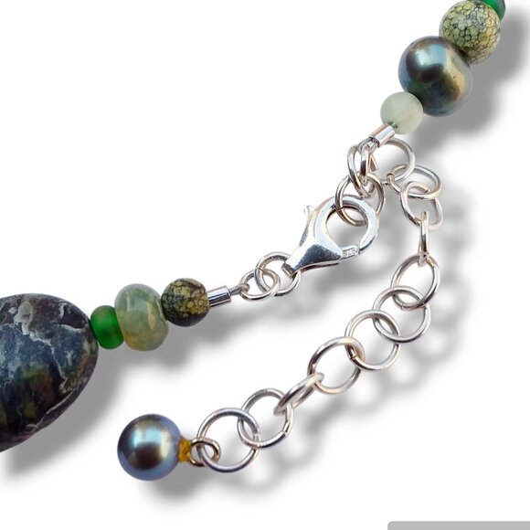 Multi Gemstone Necklace Green Aventurine Agate Pearl 18.5in Custom OOAK - Picture 7 of 11